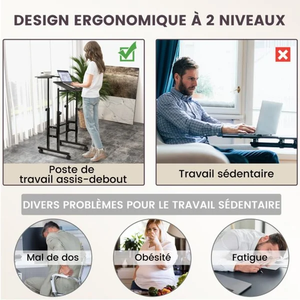 Bureau Assis-Debout à Roulettes Table Imformatique pour Ordinateur Hauteur Réglable Poste de Travail Inclinable Noir