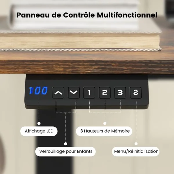 Bureau avec 3 Réglages de Hauteur à Mémoire Réglable en Hauteur 2 Crochets de Suspension Gestion des Câbles Naturel