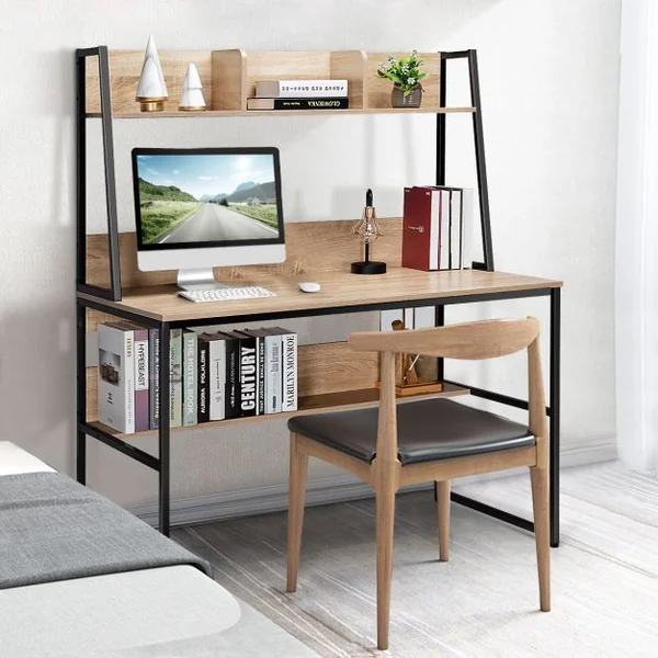 Bureau avec Niche et Bibliothèque Table d'Étude de 120 Cm Table de Travail pour Ordinateur Portable Peu Encombrant Café/Naturel