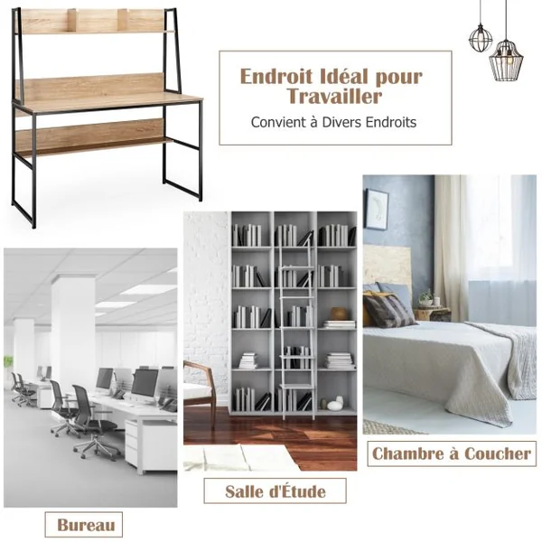 Bureau avec Niche et Bibliothèque Table d'Étude de 120 Cm Table de Travail pour Ordinateur Portable Peu Encombrant Café/Naturel