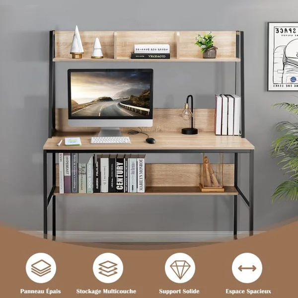 Bureau avec Niche et Bibliothèque Table d'Étude de 120 Cm Table de Travail pour Ordinateur Portable Peu Encombrant Café/Naturel
