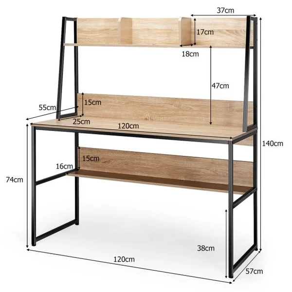 Bureau avec Niche et Bibliothèque Table d'Étude de 120 Cm Table de Travail pour Ordinateur Portable Peu Encombrant Café/Naturel