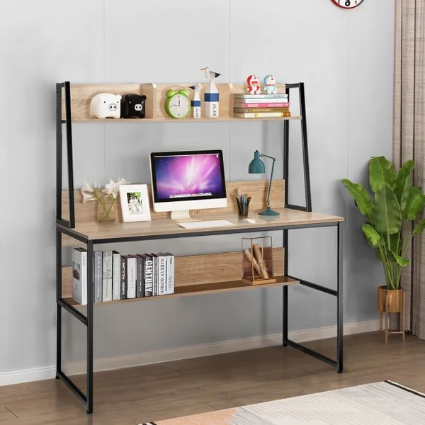 Bureau avec Niche et Bibliothèque Table d'Étude de 120 Cm Table de Travail pour Ordinateur Portable Peu Encombrant Café/Naturel