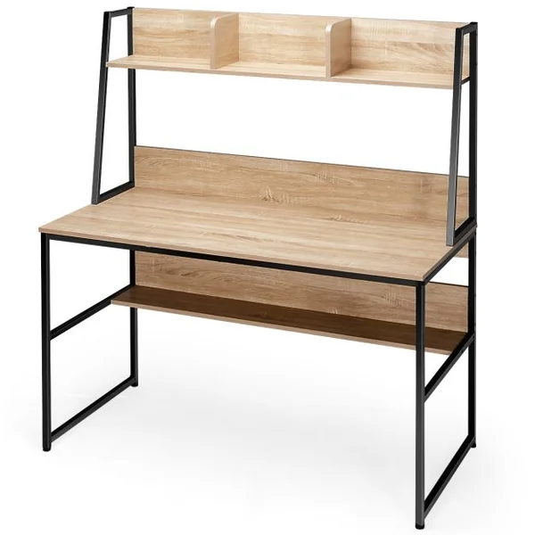Bureau avec Niche et Bibliothèque Table d'Étude de 120 Cm Table de Travail pour Ordinateur Portable Peu Encombrant Café/Naturel