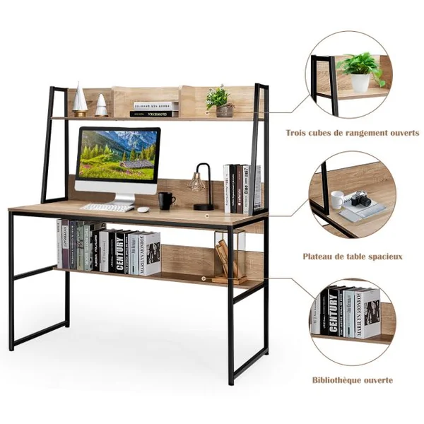 Bureau avec Niche et Bibliothèque Table d'Étude de 120 Cm Table de Travail pour Ordinateur Portable Peu Encombrant Café/Naturel