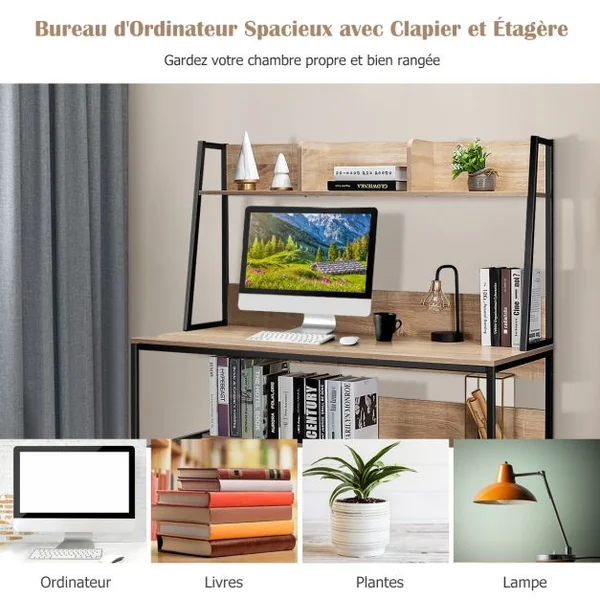 Bureau avec Niche et Bibliothèque Table d'Étude de 120 Cm Table de Travail pour Ordinateur Portable Peu Encombrant Café/Naturel