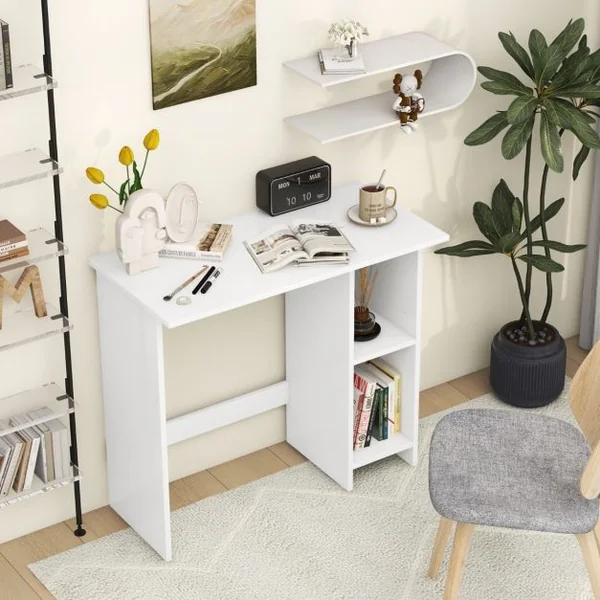 Bureau avec Rangement Bureau d'Ecriture Moderne avec Etagère Réglable Bureau peu Encombrant avec Kit Anti-renversement Bureau d'Etude en MDF Blanc