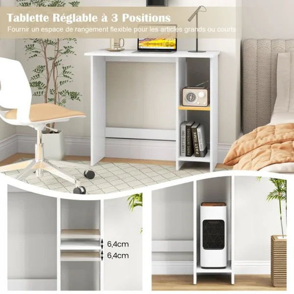 Bureau avec Rangement Bureau d'Ecriture Moderne avec Etagère Réglable Bureau peu Encombrant avec Kit Anti-renversement Bureau d'Etude en MDF Blanc