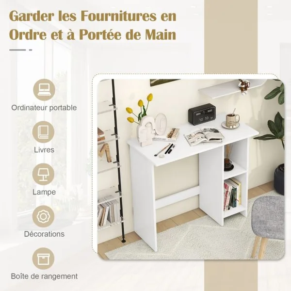 Bureau avec Rangement Bureau d'Ecriture Moderne avec Etagère Réglable Bureau peu Encombrant avec Kit Anti-renversement Bureau d'Etude en MDF Blanc