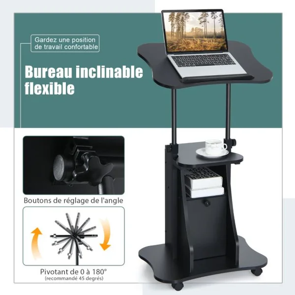 Bureau d’Accueil Roulant Pour Ordinateur,Plateau Inclinable à 180° Roulettes Verrouillables Bureau Assis-Debout Noir