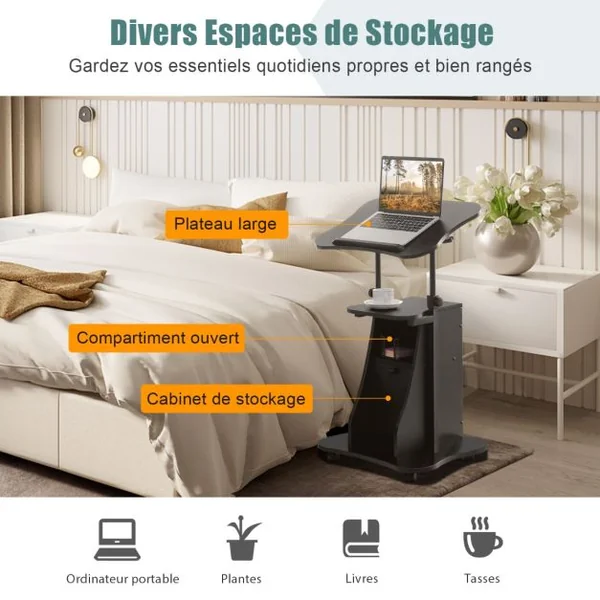 Bureau d’Accueil Roulant Pour Ordinateur,Plateau Inclinable à 180° Roulettes Verrouillables Bureau Assis-Debout Noir