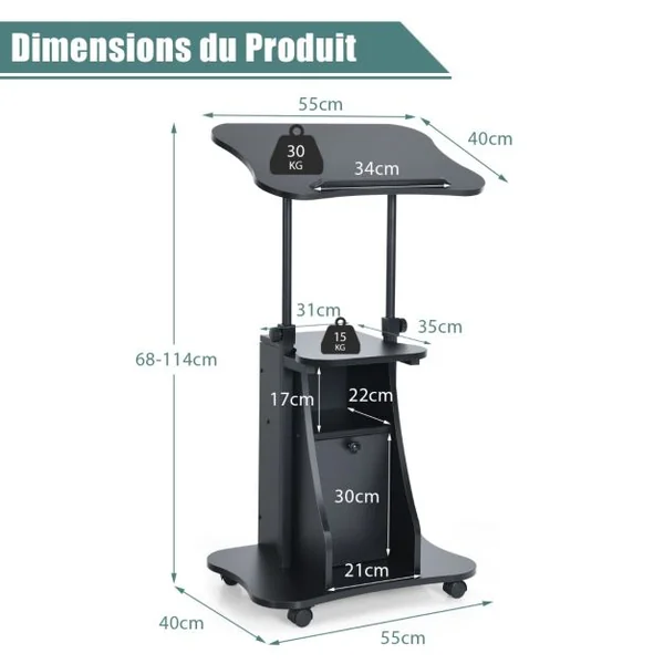 Bureau d’Accueil Roulant Pour Ordinateur,Plateau Inclinable à 180° Roulettes Verrouillables Bureau Assis-Debout Noir