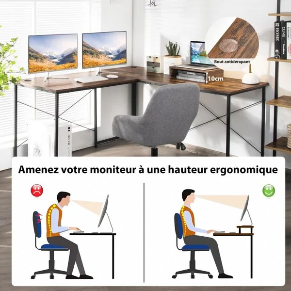 Bureau d'Angle 150 x 150 x 74 CM Ajustable à Bureau Droit Grand Table pour 2 Personnes Marron