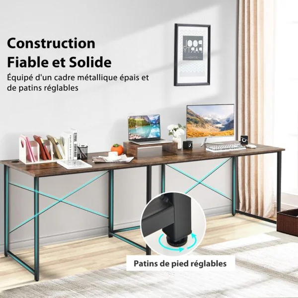 Bureau d'Angle 150 x 150 x 74 CM Ajustable à Bureau Droit Grand Table pour 2 Personnes Marron