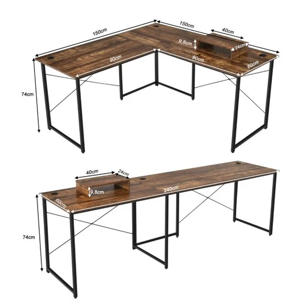 Bureau d'Angle 150 x 150 x 74 CM Ajustable à Bureau Droit Grand Table pour 2 Personnes Marron