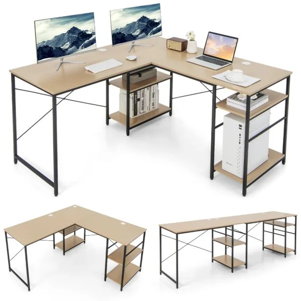 Bureau d'Angle 151 x 151 x 75 CM Ajustable à Bureau Droit 4 Etagère de Rangement Grand Table pour 2 Personnes Gris/Mrron/Naturel/Noir