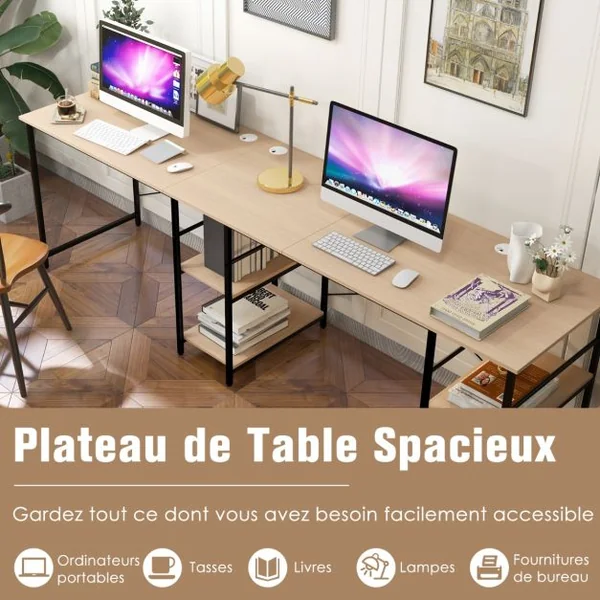 Bureau d'Angle 151 x 151 x 75 CM Ajustable à Bureau Droit 4 Etagère de Rangement Grand Table pour 2 Personnes Gris/Mrron/Naturel/Noir
