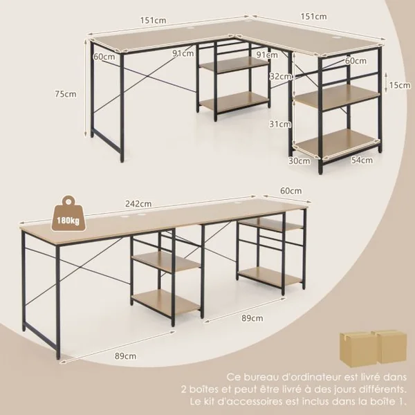 Bureau d'Angle 151 x 151 x 75 CM Ajustable à Bureau Droit 4 Etagère de Rangement Grand Table pour 2 Personnes Gris/Mrron/Naturel/Noir
