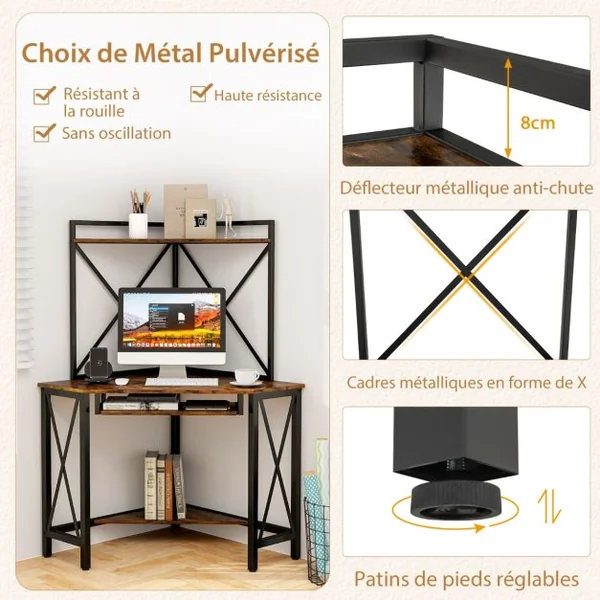 Bureau d'Angle avec Clapier Bureau Peu Encombrant Étagères Plateau pour Clavier Table avec Huche Cadre en Métal Marron Rustique/Blanc