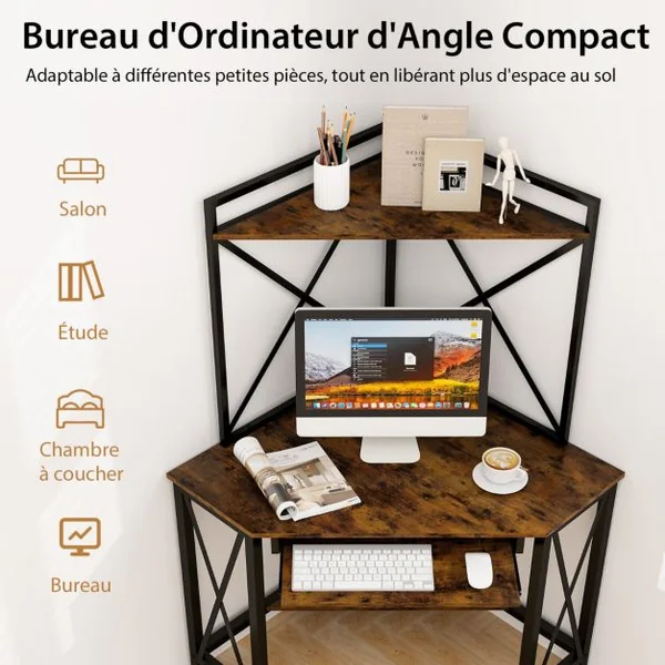 Bureau d'Angle avec Clapier Bureau Peu Encombrant Étagères Plateau pour Clavier Table avec Huche Cadre en Métal Marron Rustique/Blanc