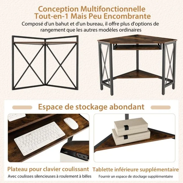Bureau d'Angle avec Clapier Bureau Peu Encombrant Étagères Plateau pour Clavier Table avec Huche Cadre en Métal Marron Rustique/Blanc