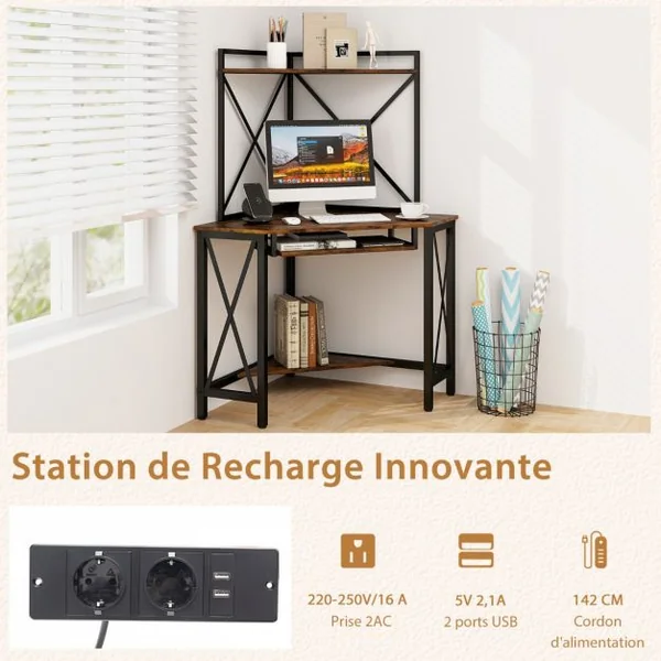 Bureau d'Angle avec Clapier Bureau Peu Encombrant Étagères Plateau pour Clavier Table avec Huche Cadre en Métal Marron Rustique/Blanc