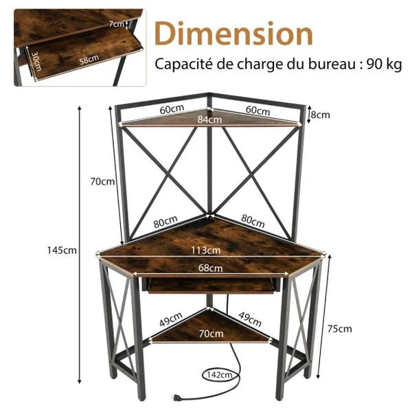 Bureau d'Angle avec Clapier Bureau Peu Encombrant Étagères Plateau pour Clavier Table avec Huche Cadre en Métal Marron Rustique/Blanc