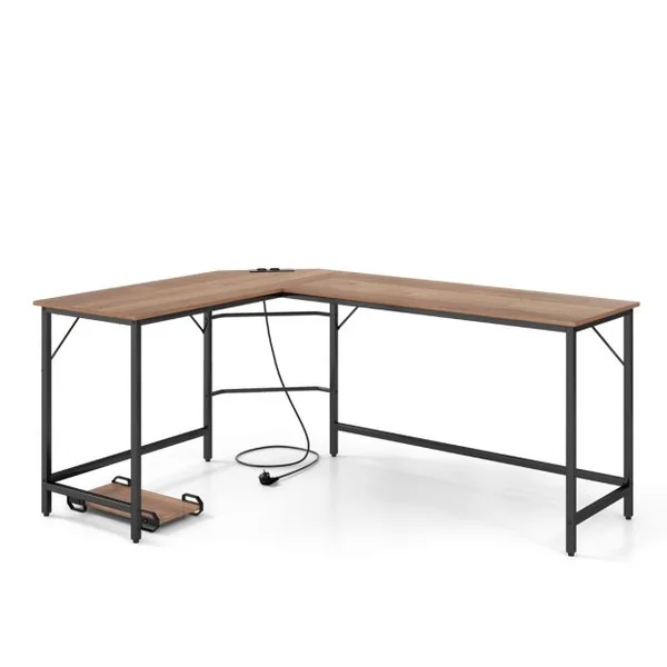 Bureau d’Angle avec Prise de Courant Bureau d'Angle de 168 cm avec Support UC Cadre en Métal Robuste Bureau d'Etudes Naturel/Marron/Noir