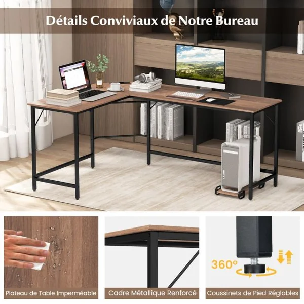 Bureau d’Angle avec Prise de Courant Bureau d'Angle de 168 cm avec Support UC Cadre en Métal Robuste Bureau d'Etudes Naturel/Marron/Noir