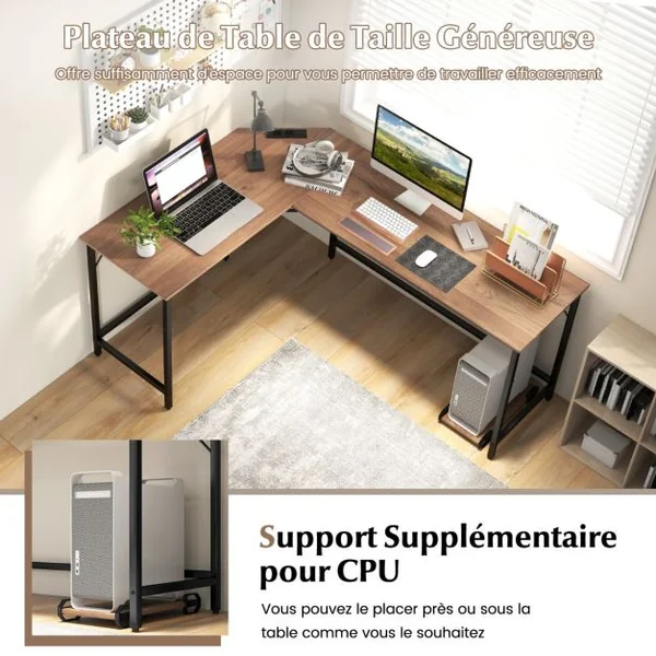 Bureau d’Angle avec Prise de Courant Bureau d'Angle de 168 cm avec Support UC Cadre en Métal Robuste Bureau d'Etudes Naturel/Marron/Noir