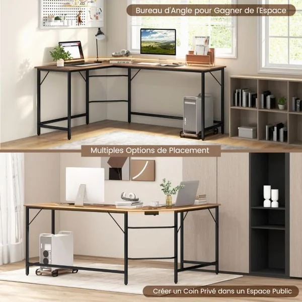 Bureau d’Angle avec Prise de Courant Bureau d'Angle de 168 cm avec Support UC Cadre en Métal Robuste Bureau d'Etudes Naturel/Marron/Noir