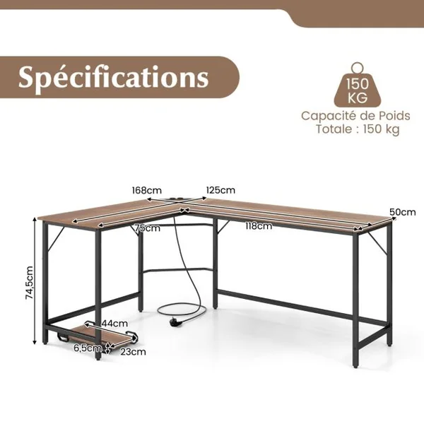 Bureau d’Angle avec Prise de Courant Bureau d'Angle de 168 cm avec Support UC Cadre en Métal Robuste Bureau d'Etudes Naturel/Marron/Noir