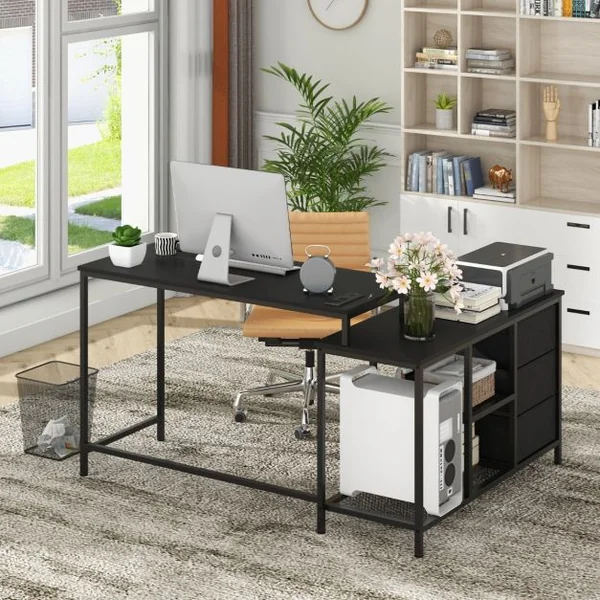 Bureau d'Angle Convertible avec Prise de Courant Bureau en Forme de L avec 3 Tiroirs en Tissu et Étagères en Maille Métallique Blanc