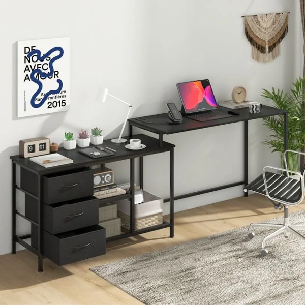 Bureau d'Angle Convertible avec Prise de Courant Bureau en Forme de L avec 3 Tiroirs en Tissu et Étagères en Maille Métallique Blanc