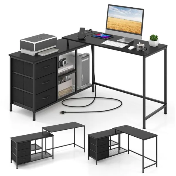 Bureau d'Angle Convertible avec Prise de Courant Bureau en Forme de L avec 3 Tiroirs en Tissu et Étagères en Maille Métallique Blanc