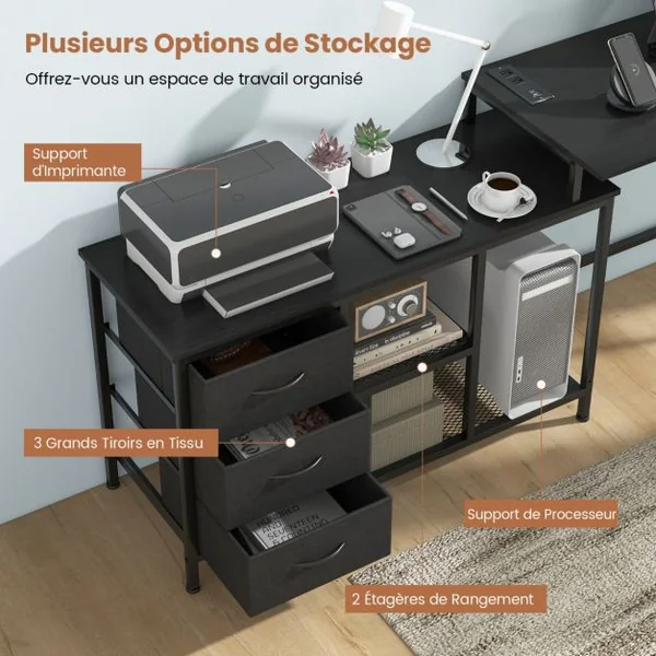 Bureau d'Angle Convertible avec Prise de Courant Bureau en Forme de L avec 3 Tiroirs en Tissu et Étagères en Maille Métallique Blanc