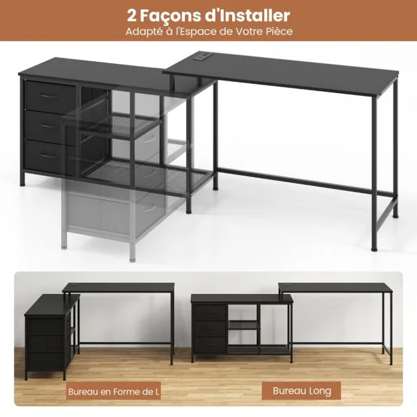 Bureau d'Angle Convertible avec Prise de Courant Bureau en Forme de L avec 3 Tiroirs en Tissu et Étagères en Maille Métallique Blanc