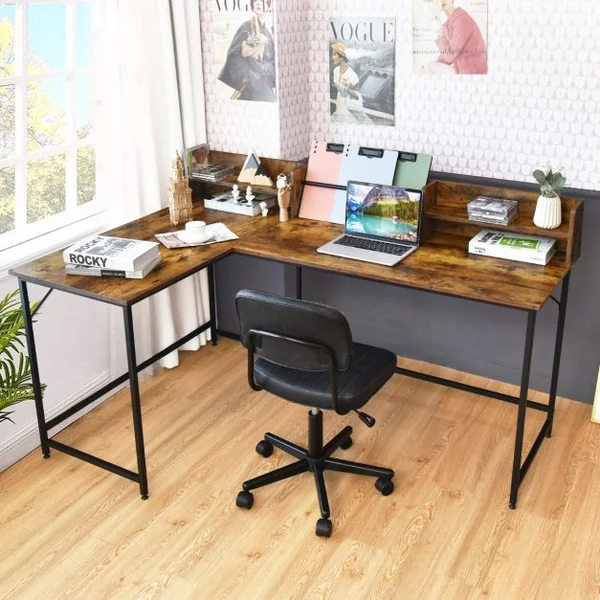 Bureau d'Angle en Forme de L 166 x 110 x 96 cm Étagères de Rangement Design Industriel Métal Marron Rustique