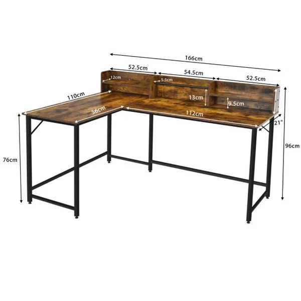 Bureau d'Angle en Forme de L 166 x 110 x 96 cm Étagères de Rangement Design Industriel Métal Marron Rustique