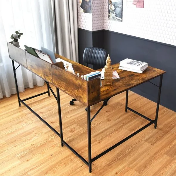 Bureau d'Angle en Forme de L 166 x 110 x 96 cm Étagères de Rangement Design Industriel Métal Marron Rustique