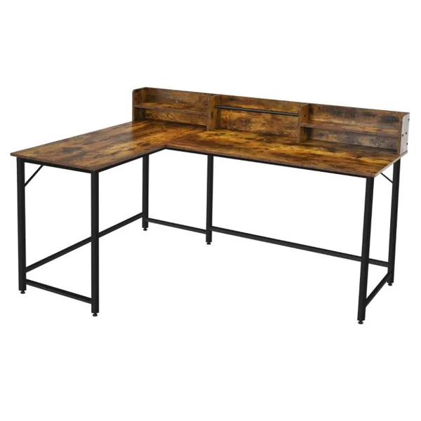 Bureau d'Angle en Forme de L 166 x 110 x 96 cm Étagères de Rangement Design Industriel Métal Marron Rustique