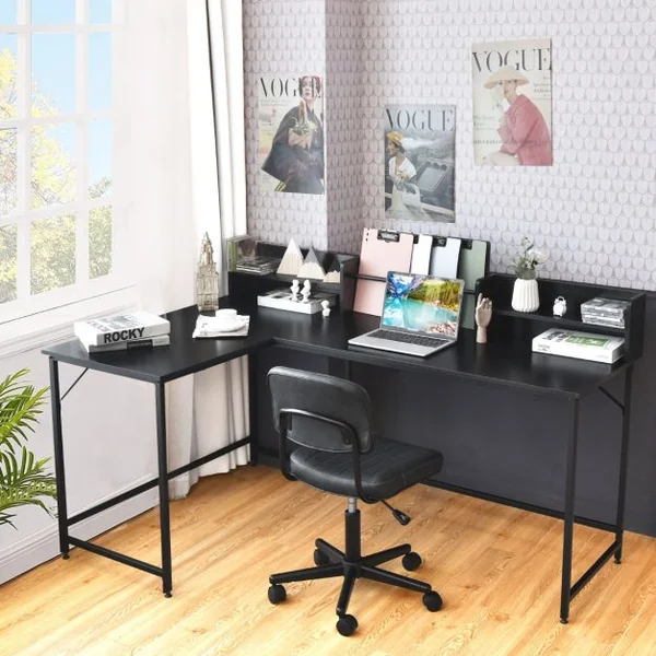 Bureau d'Angle en Forme de L 166 x 110 x 96 cm Étagères de Rangement Design Industriel Métal Noir