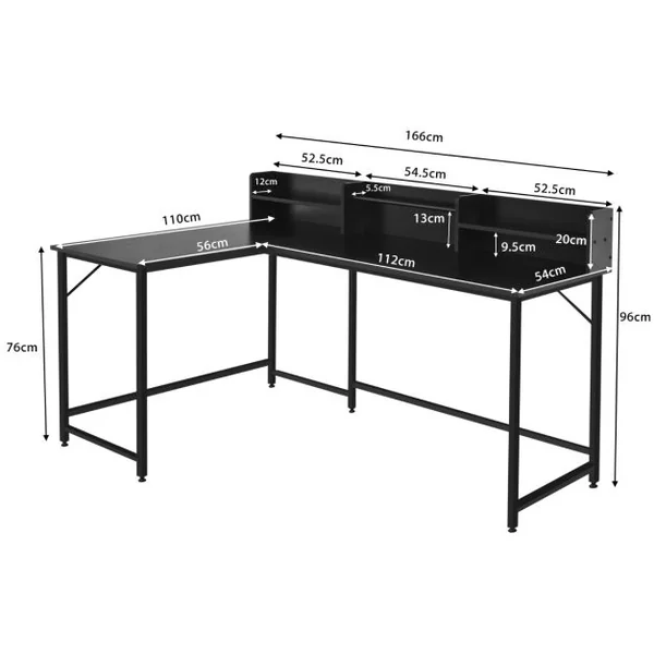 Bureau d'Angle en Forme de L 166 x 110 x 96 cm Étagères de Rangement Design Industriel Métal Noir