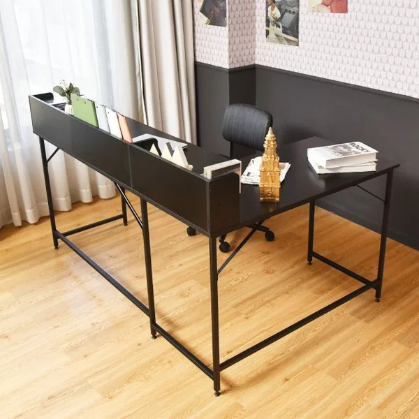 Bureau d'Angle en Forme de L 166 x 110 x 96 cm Étagères de Rangement Design Industriel Métal Noir