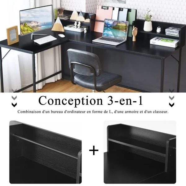 Bureau d'Angle en Forme de L 166 x 110 x 96 cm Étagères de Rangement Design Industriel Métal Noir