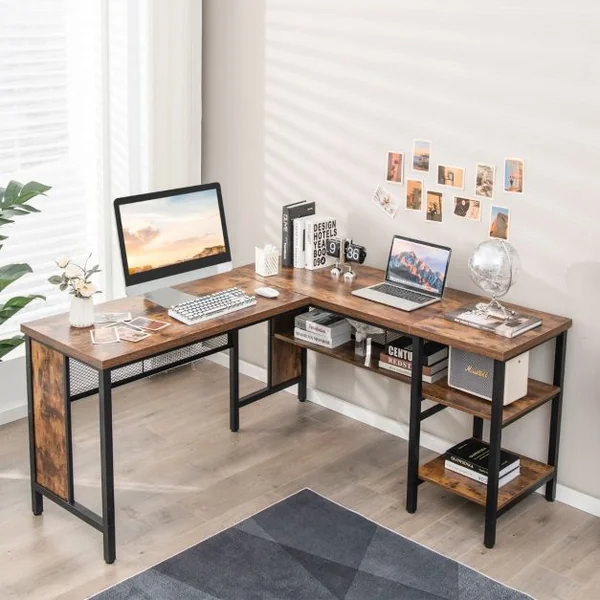 Bureau d’Angle en Forme de L Bureau d'Angle avec Plateau de Table Spacieux & 3 Étagères Gain de Place Brun rustique