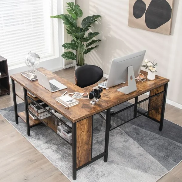 Bureau d’Angle en Forme de L Bureau d'Angle avec Plateau de Table Spacieux & 3 Étagères Gain de Place Brun rustique