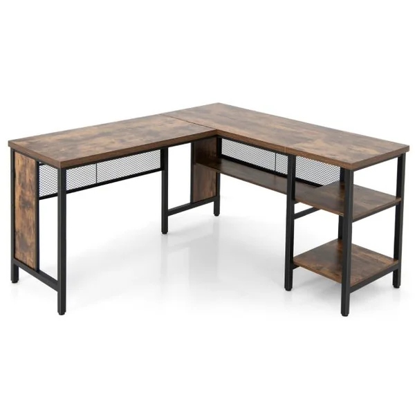 Bureau d’Angle en Forme de L Bureau d'Angle avec Plateau de Table Spacieux & 3 Étagères Gain de Place Brun rustique
