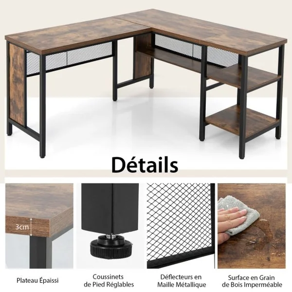 Bureau d’Angle en Forme de L Bureau d'Angle avec Plateau de Table Spacieux & 3 Étagères Gain de Place Brun rustique