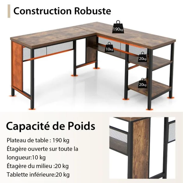 Bureau d’Angle en Forme de L Bureau d'Angle avec Plateau de Table Spacieux & 3 Étagères Gain de Place Brun rustique